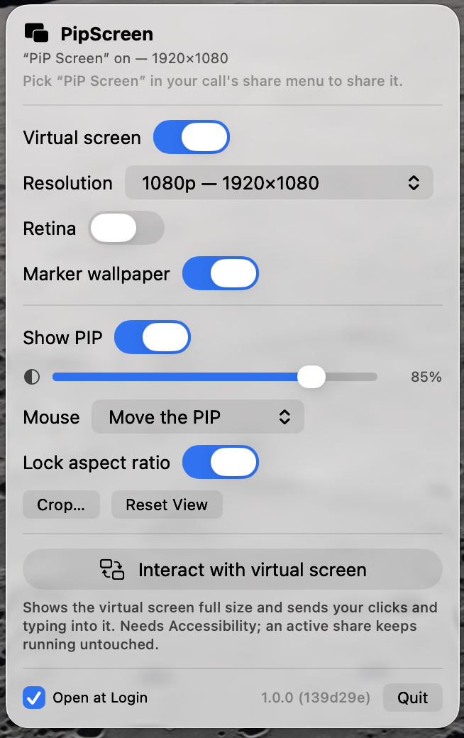 The PiP Screen menu-bar panel showing virtual screen, resolution, marker wallpaper, PIP opacity and interact controls